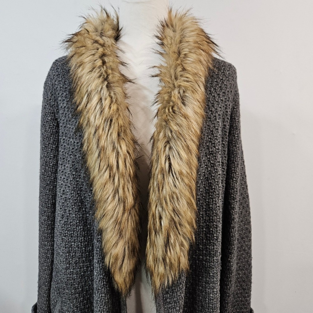 Joie Womens‎ Cardigan Wool Yak Sweater Large Gray Faux Fur Luxury Mob Wife